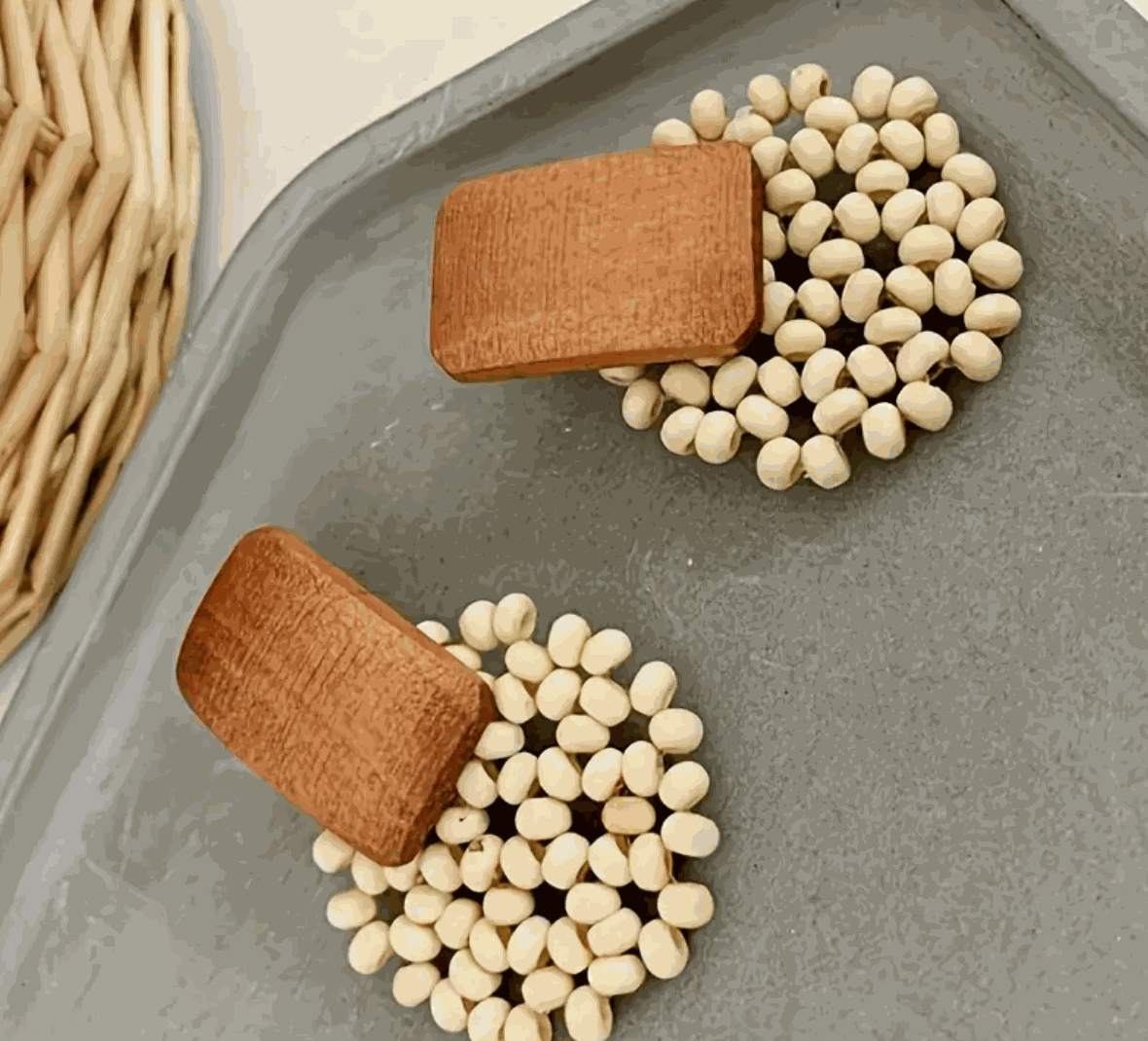 Terra Bloom Wooden Bead Earrings featuring rectangular wood on cream-toned beads, showcasing earthy elegance.