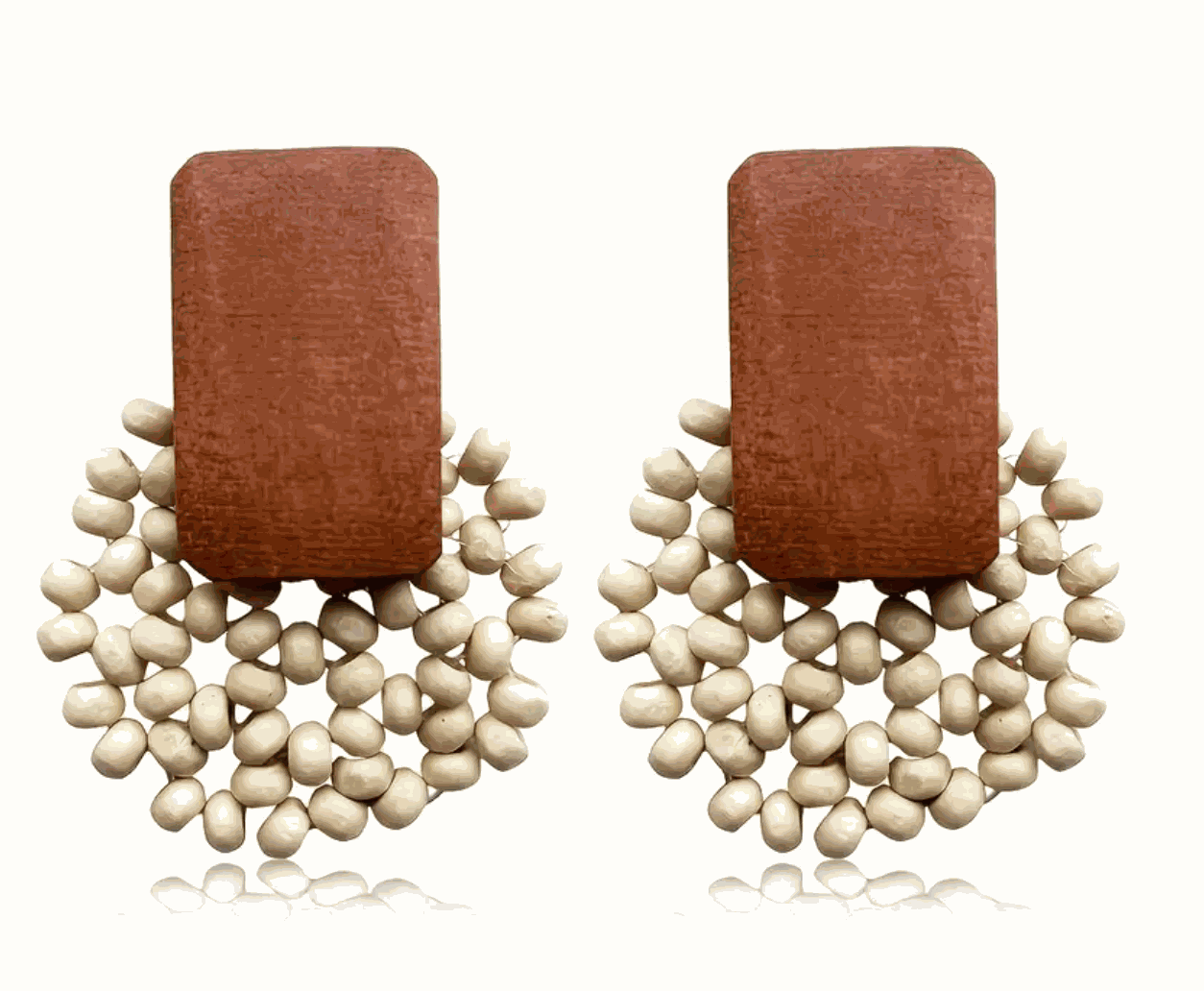 Terra Bloom Wooden Bead Earrings with wooden rectangle and cream-toned bead design for effortless bohemian style.