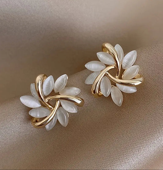 Golden Leaf Blossom Stud Earrings